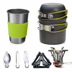 Camping Cookware Stove Carabiner Canister Stand Tripod and Stainless Steel Cup, Tank Bracket, Fork Spoon Kit(DS101)