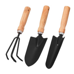 Garden Tool Sets - Wooden Handle Black Metal Gardening Trowels, Cultivator and Trans-Planter