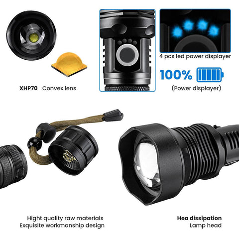 Image of 90000 Lumens LED Tactical Flashlight, USB Rechargeable, Zoomable IPX4 Water Resistant