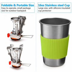 Camping Cookware Stove Carabiner Canister Stand Tripod and Stainless Steel Cup, Tank Bracket, Fork Spoon Kit(DS101)