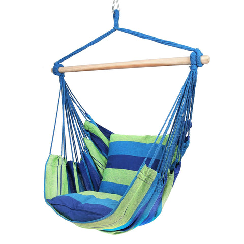 Image of Hammock Chair with Two Cushions, 34 Inch Wide Seat Blue & Green Stripes