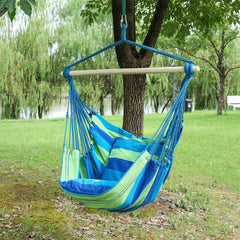 Hammock Chair with Two Cushions, 34 Inch Wide Seat Blue & Green Stripes