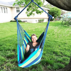 Hammock Chair with Two Cushions, 34 Inch Wide Seat Blue & Green Stripes